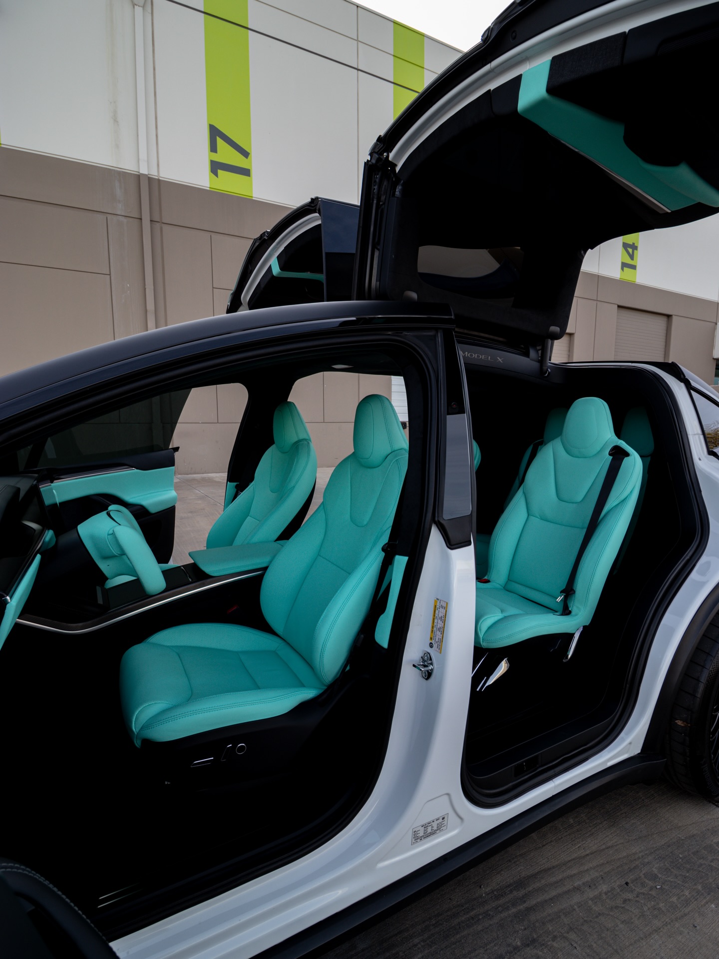 Tesla Model X with teal upholstery protected by interior coating