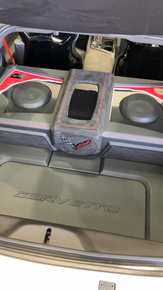 Dual subwoofer enclosure with red accent lighting built into a Corvette hatch