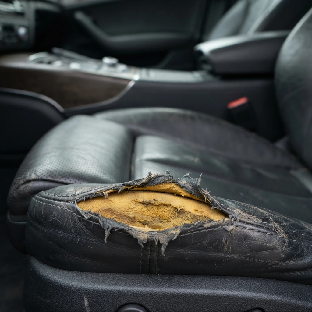 Torn black leather car seat ready for upholstery repair at Lusso Auto Design