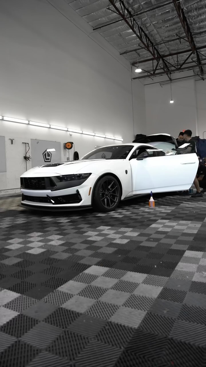 White Ford Mustang Dark Horse getting window tint installed in the Lusso bay