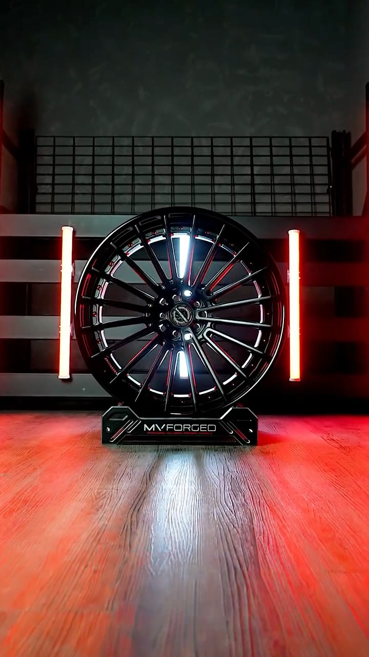 MV Forged wheel on a lit display stand at Lusso Auto Design