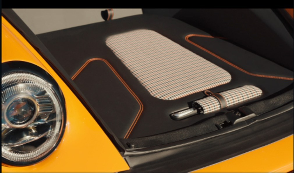 Custom houndstooth-trimmed panel inside the orange front trunk