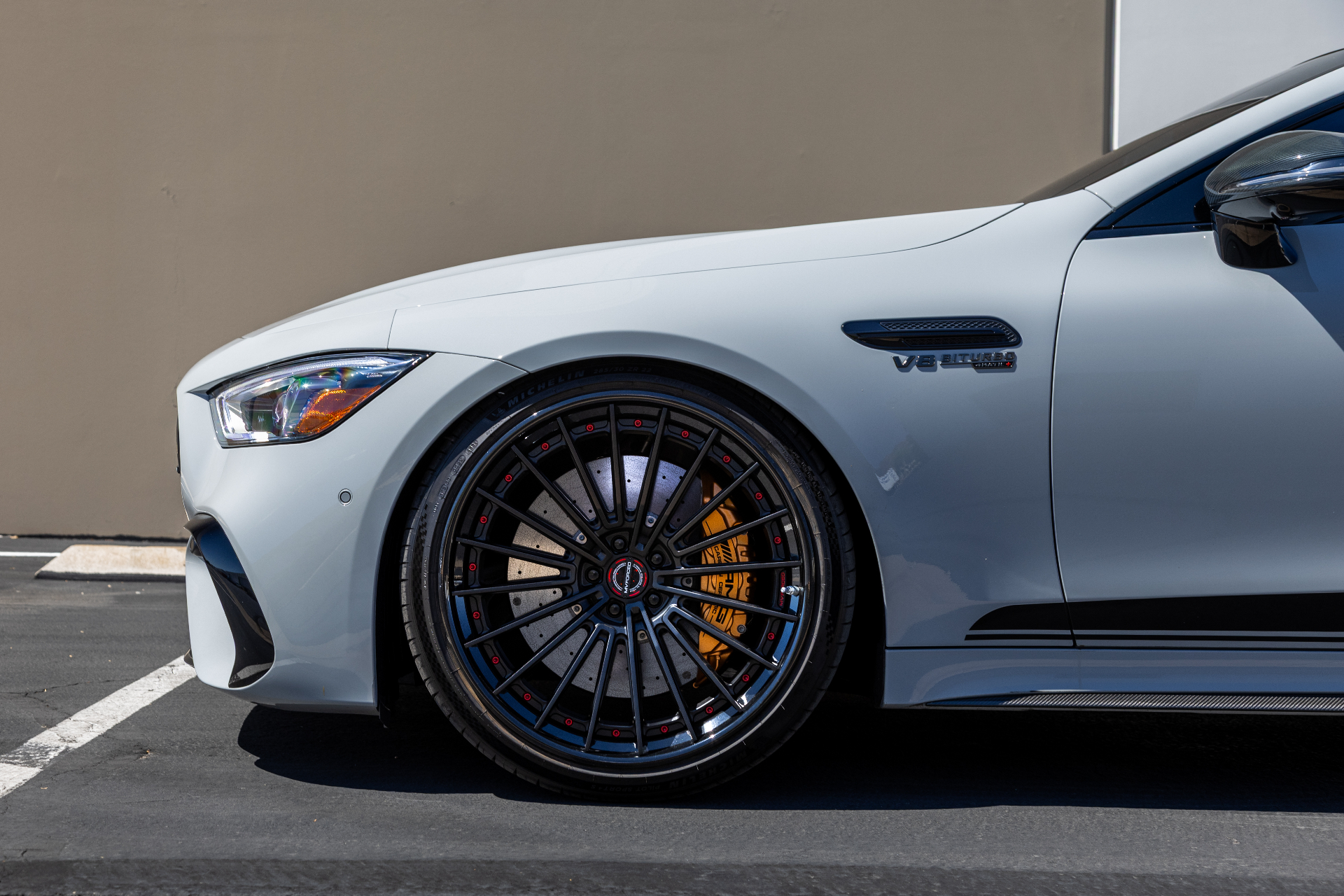 Mercedes-AMG GT wheel and brake caliper cleaned during a full detail